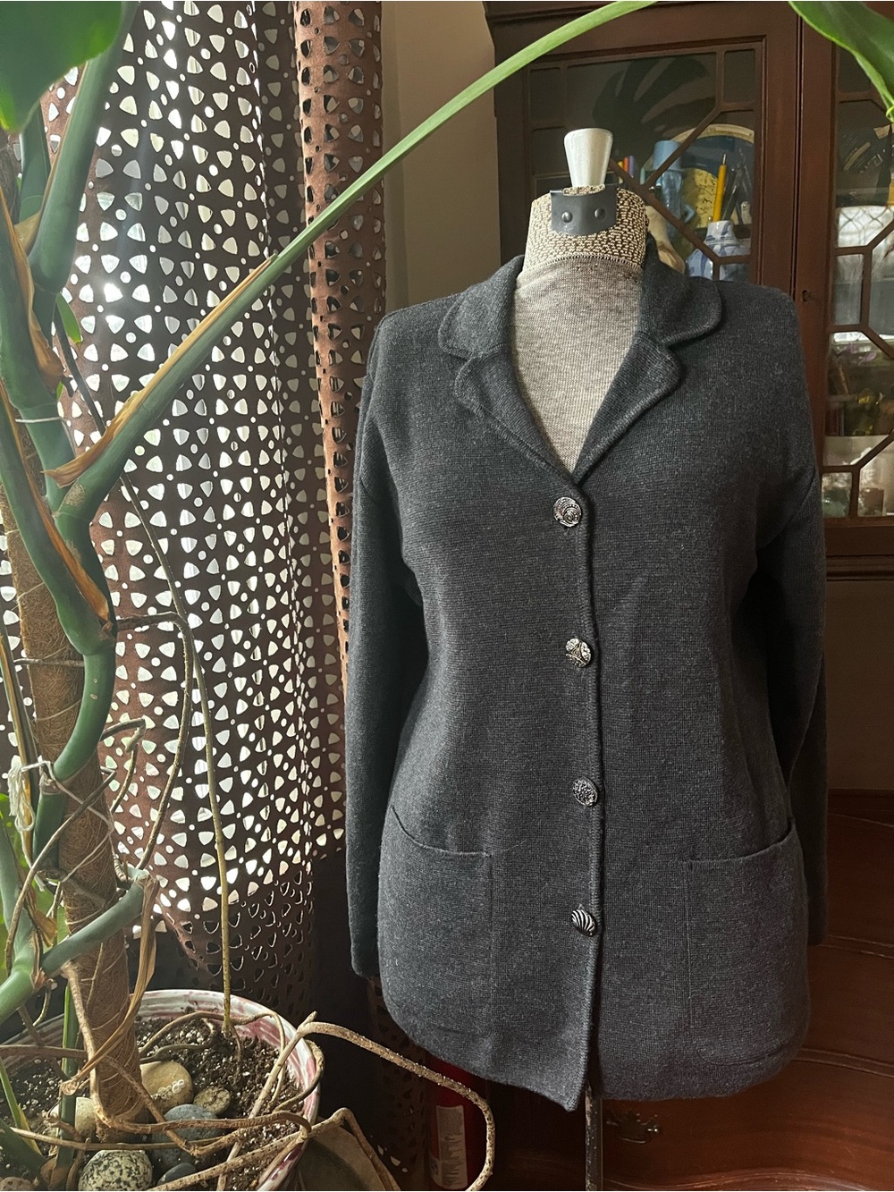 Women's Dark Gray Button-Front wool cardigan